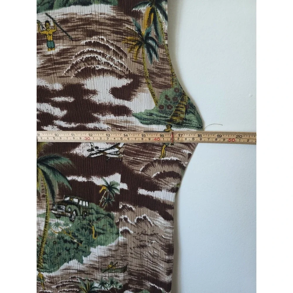 Vintage‎ Tropical Hawaiian Scenic Print Sleeveless Maxi Dress Brown Green Tan
